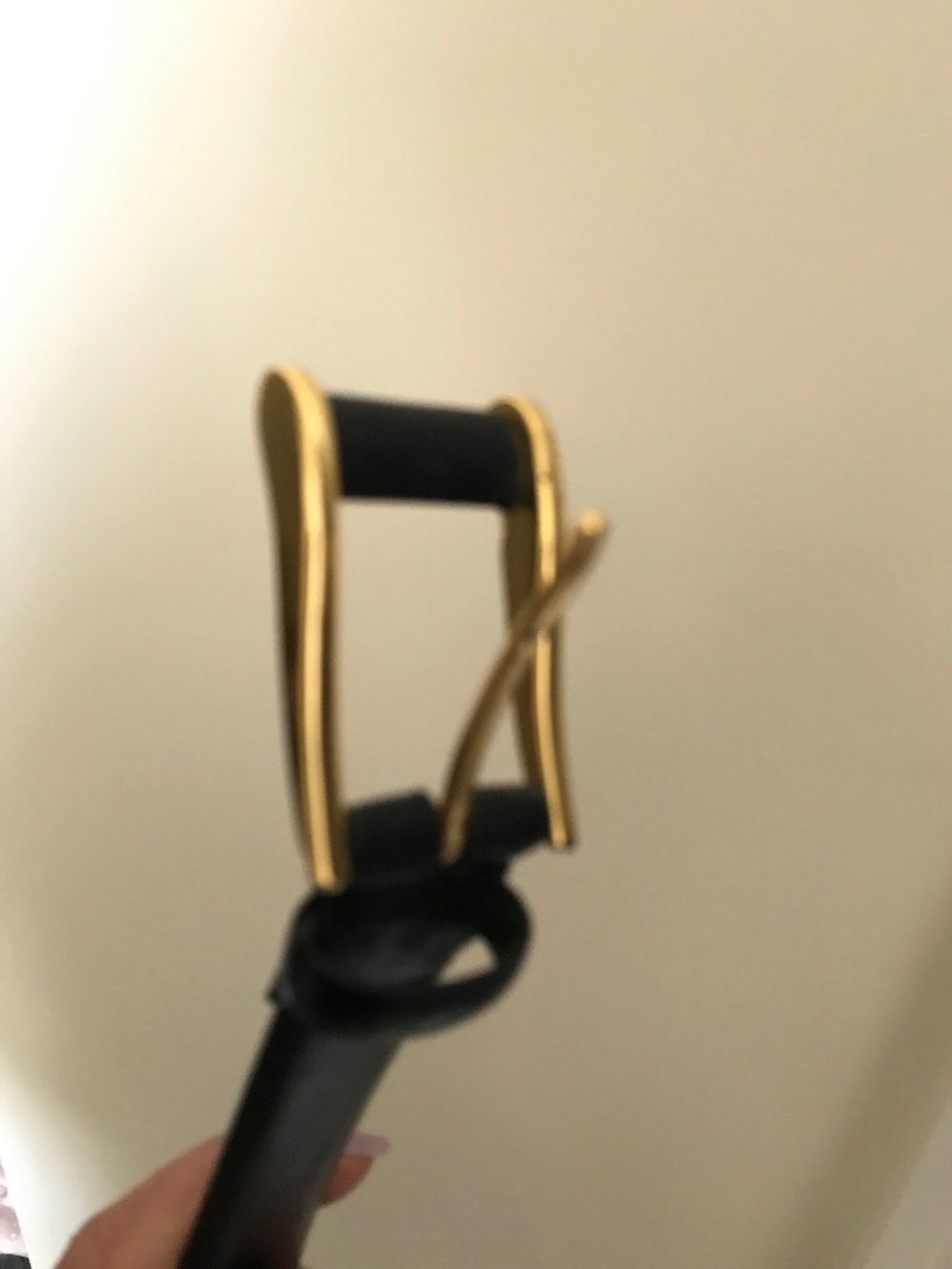 Medium M  black leather belt, gold buckle 27”-31” waist